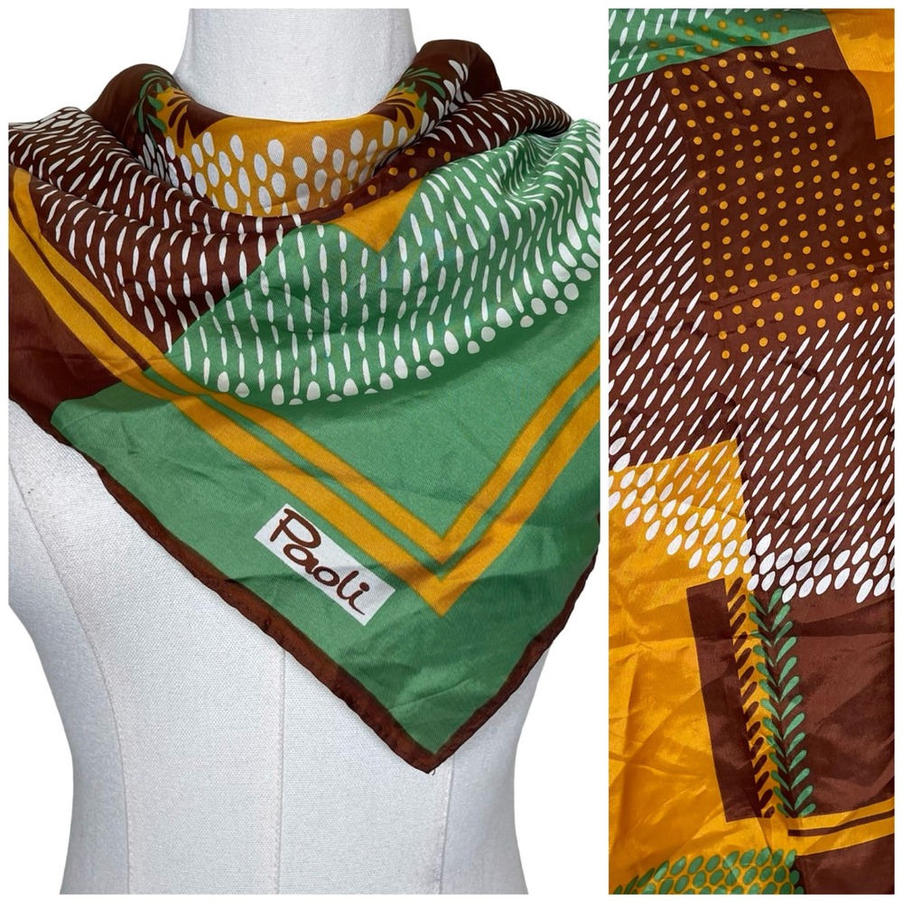 Paoli Vintage Square Scarf Women Green Brown Yellow Geometric Abstract Mod 70s